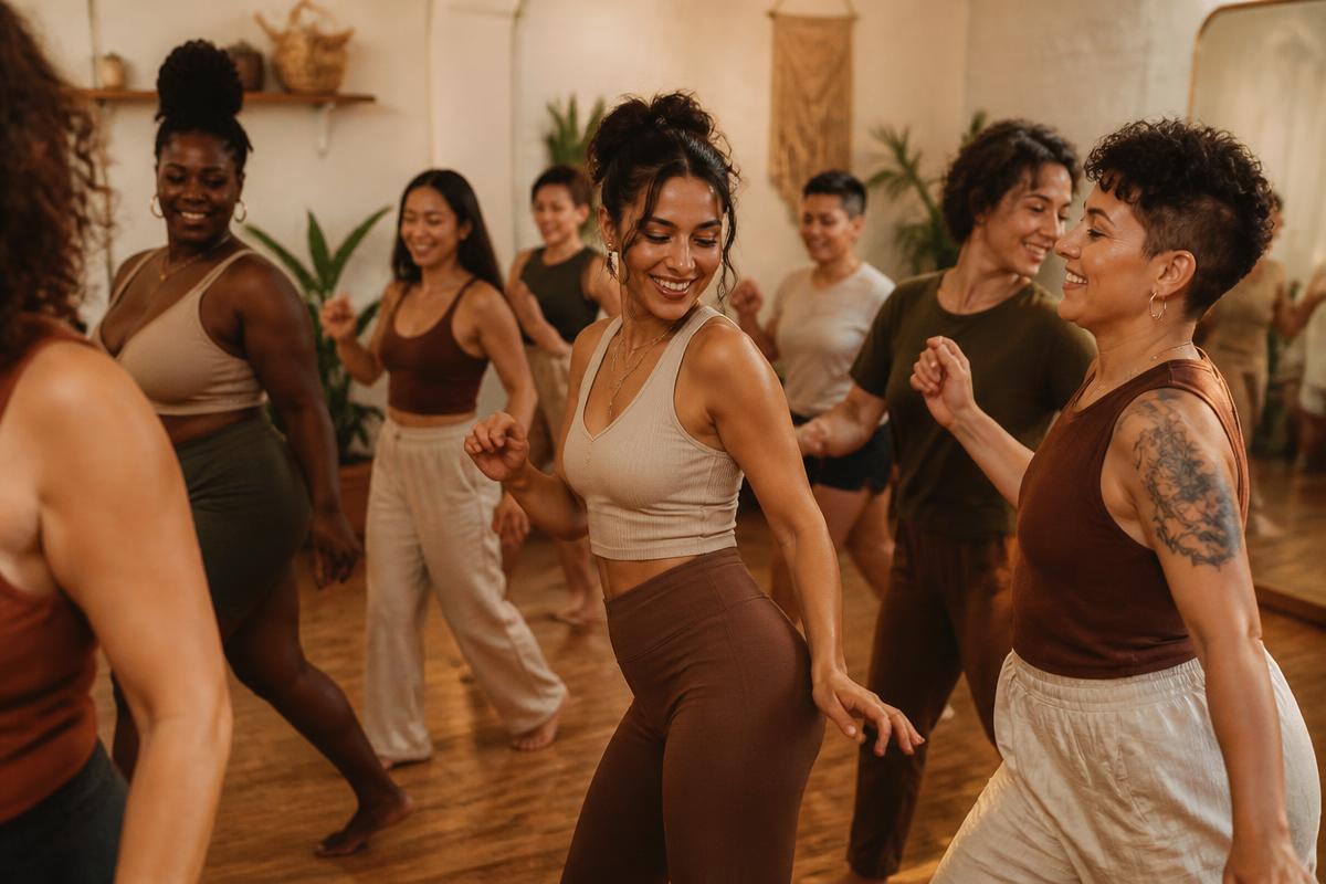 A diverse group dancing together in a warm studio
