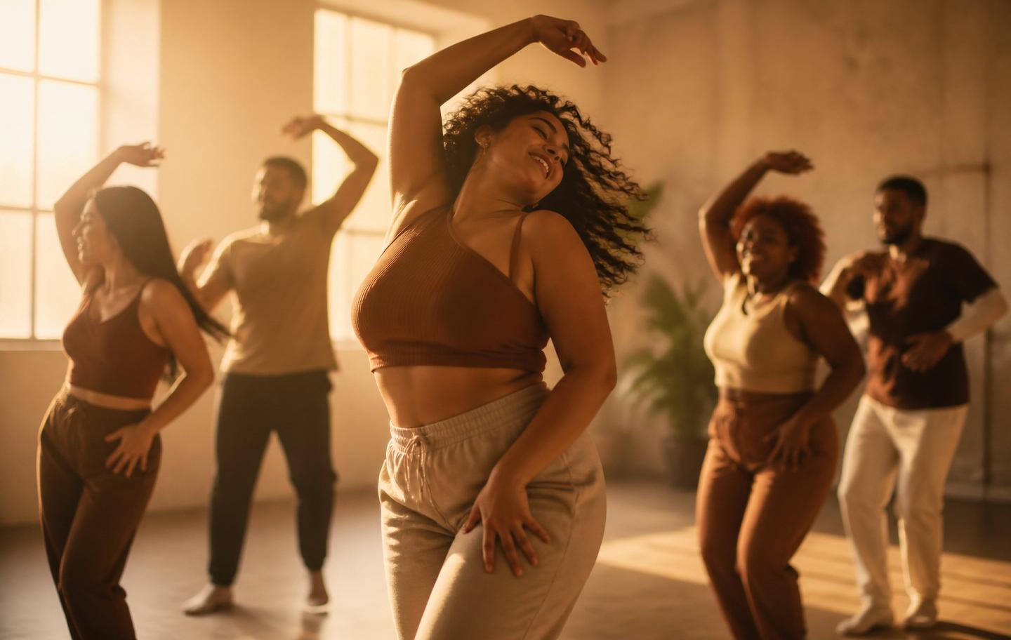 People dancing in a warm studio
